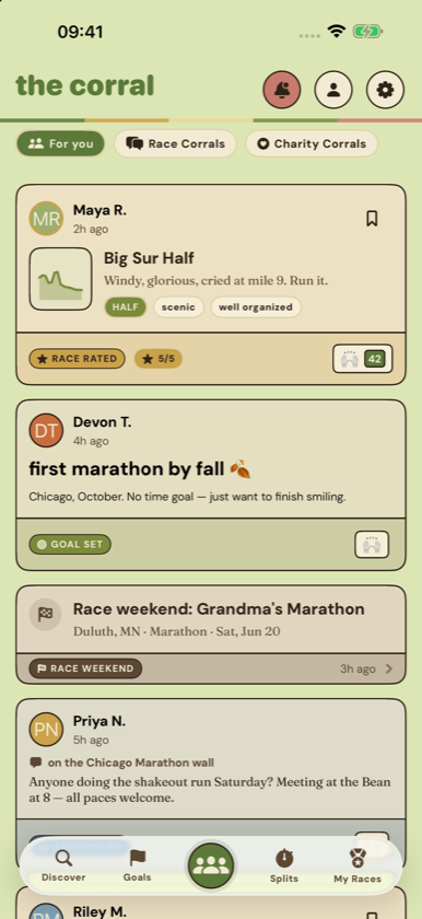 The Corral app's feed on an iPhone: a friend's five-star Big Sur Half review, a first-marathon goal, and a race-weekend news card