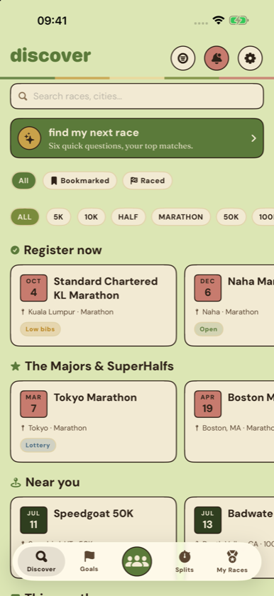 Discover tab: browsing races by distance, region, season, and elevation, with community scores