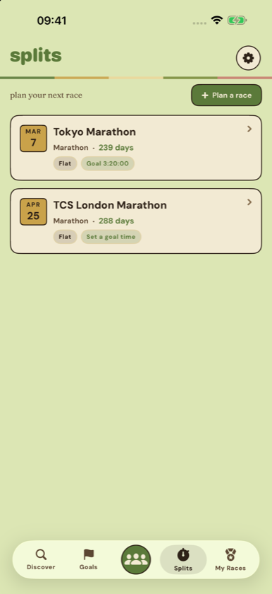 Splits planner: elevation-aware per-mile pace bands for a goal time